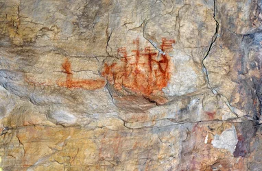 San (Buschmänner) Malerei, die als ein Schiff aus dem 17. Jahrhundert gilt, Vredenburg, Westküste